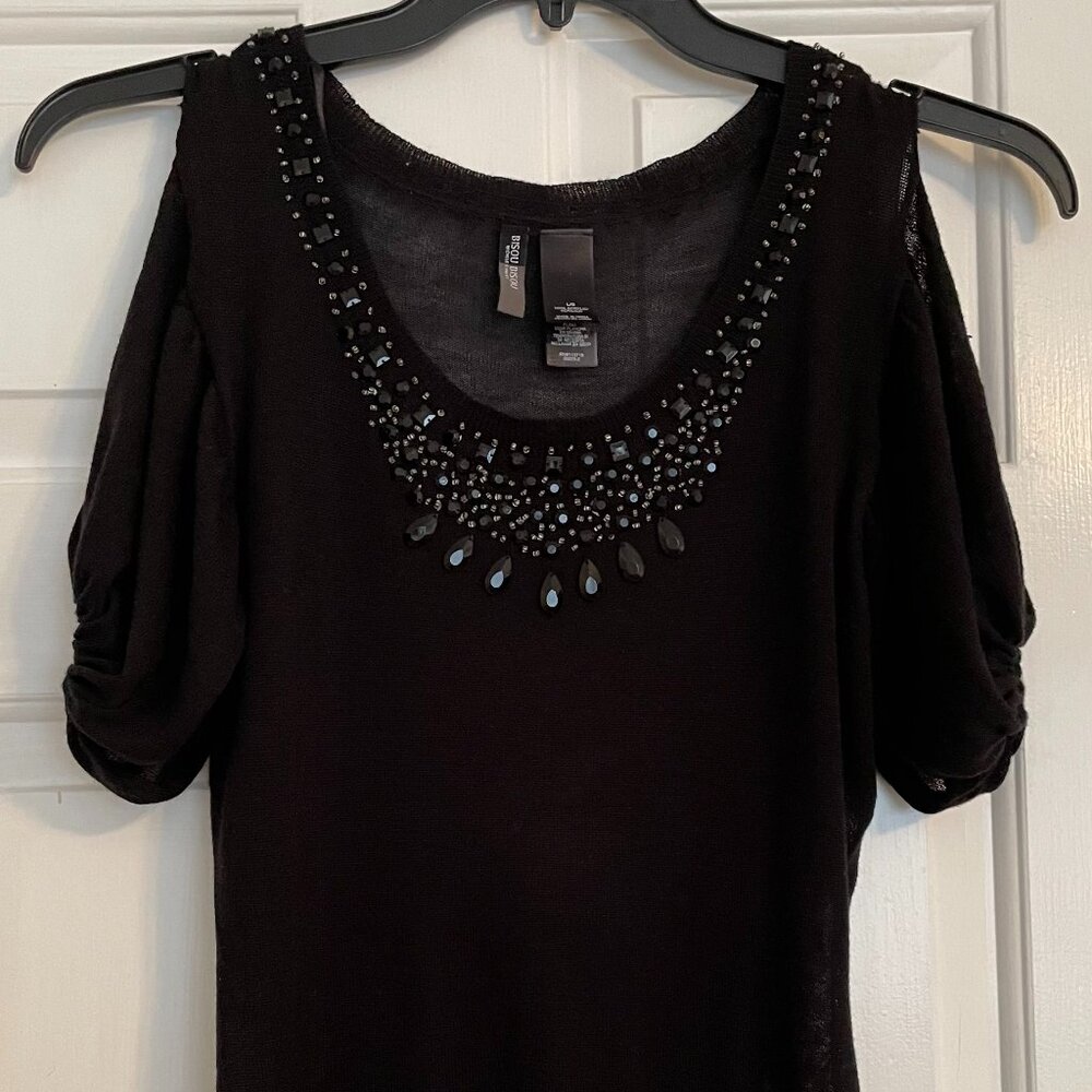 Black Bisou Bisou Cold-shoulder Bejeweled Blouse Size L